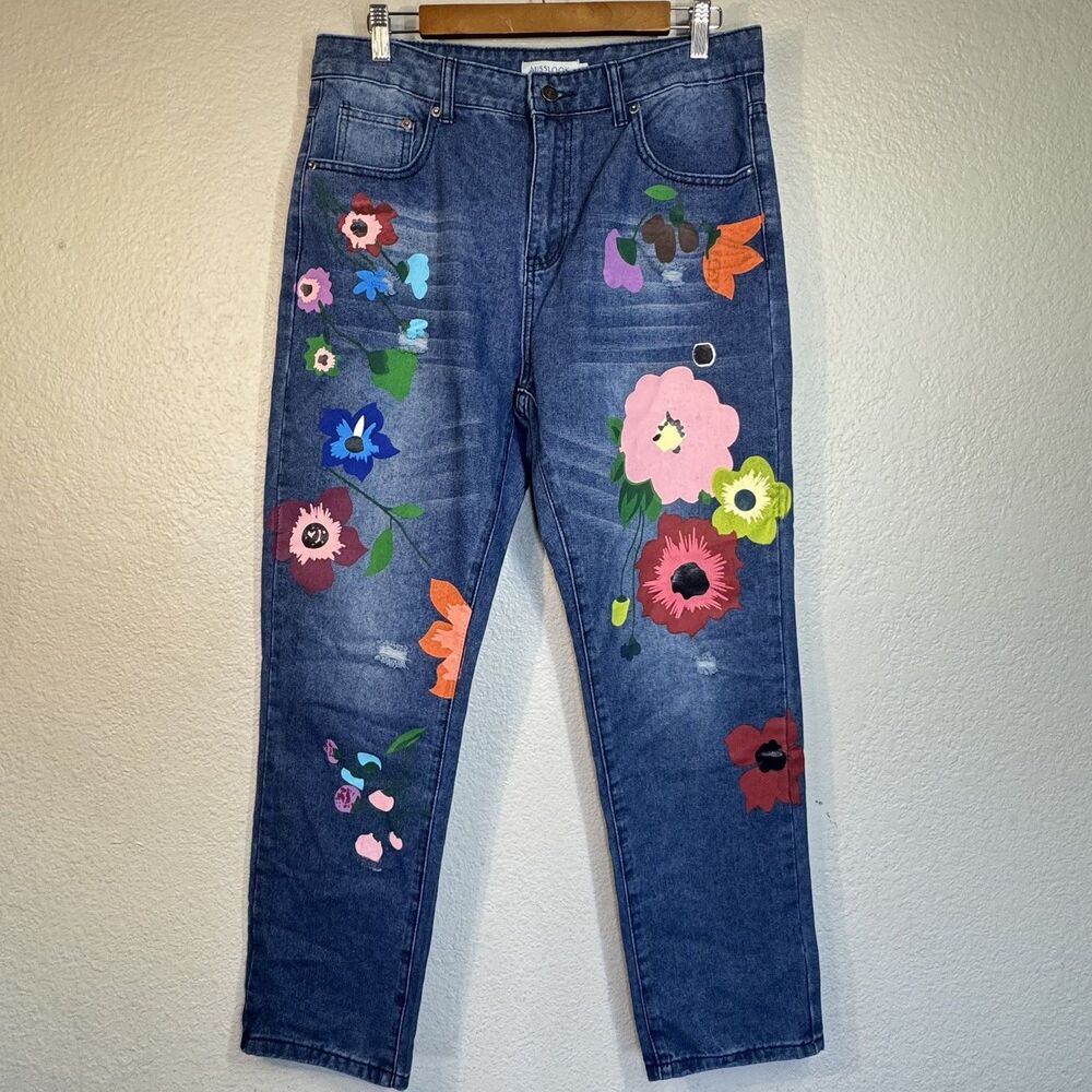 Misslook Jeans Floral Painted Stretch High Rise Straight Leg Distressed Size 34